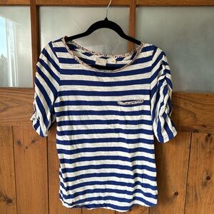 Anthropologie Navy and White Striped Short Sleeve Tee